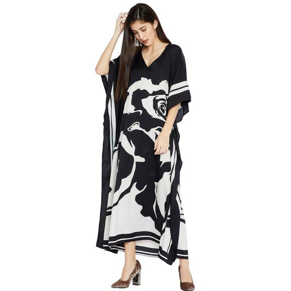 Women Floral Printed Kaftan Maxi Dress Black Moo Moos Cover Up by Gypsie Blu - Picture 4 of 9